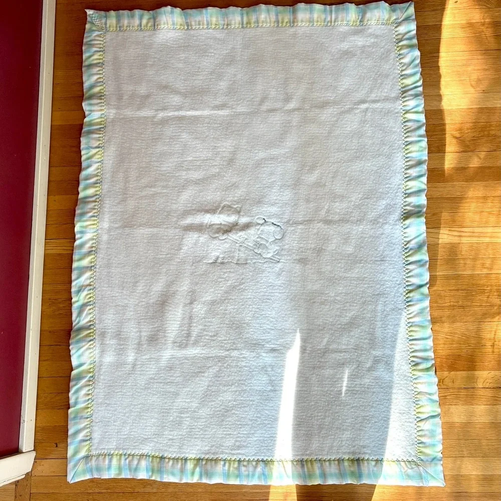 Vintage Quiltex Baby Blanket Pastel Plaid Puppy Kitten Seesaw White Union USA